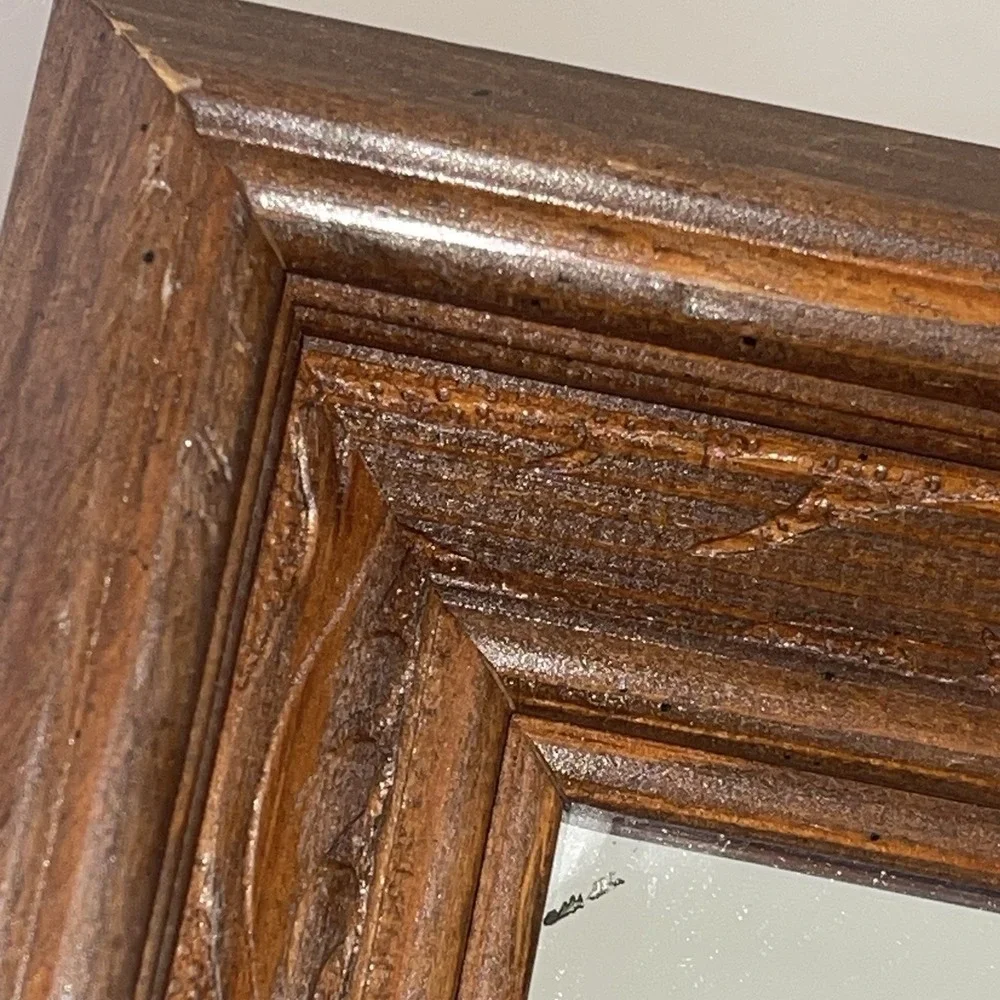 VINTAGE Signed Hand Carved Wood Framed Square Mirror Victorian Cabin 8x8